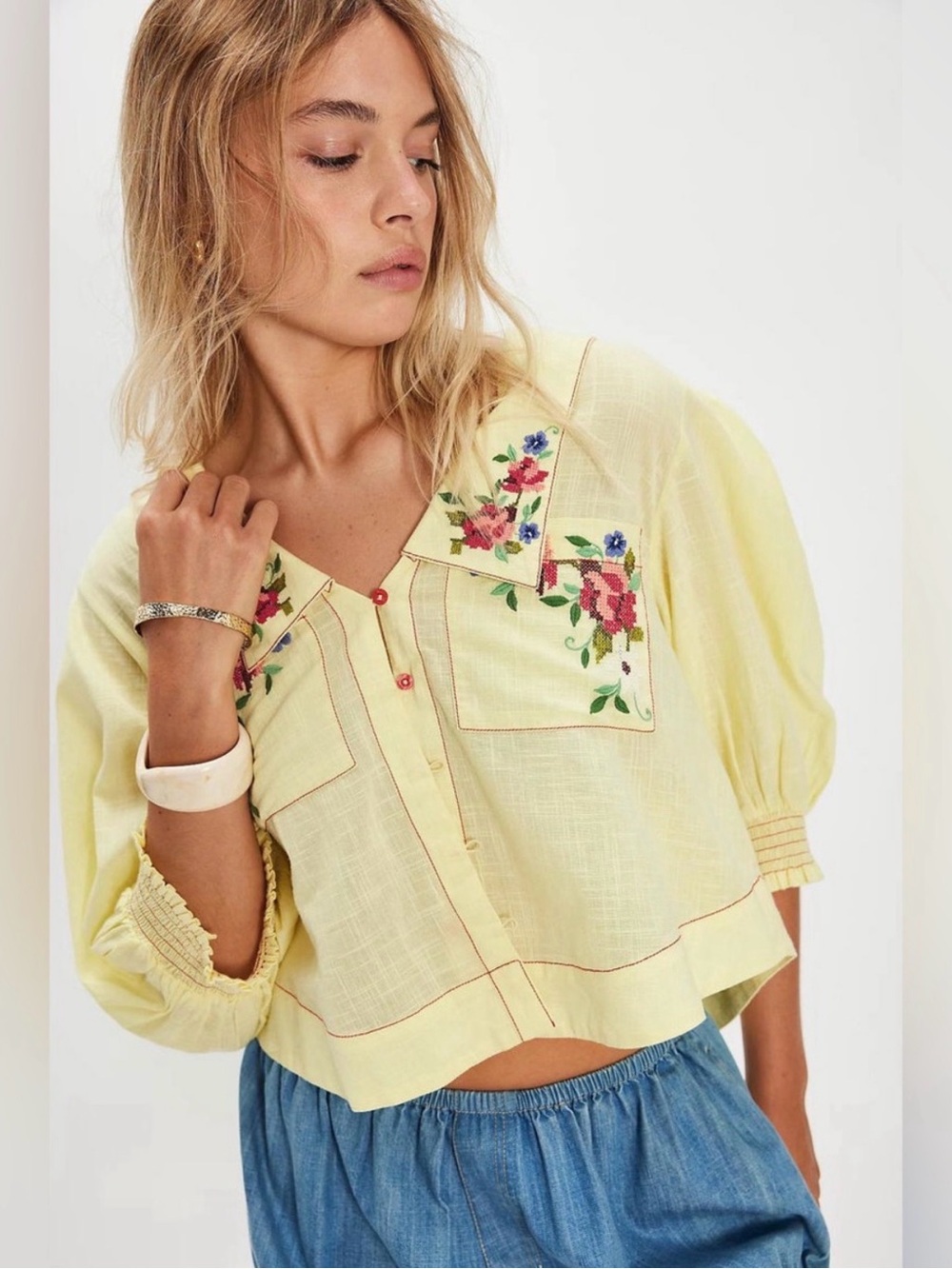 Free People Ryland Floral Embroidered Blouse XS Butter Yellow Boho Cottagecore